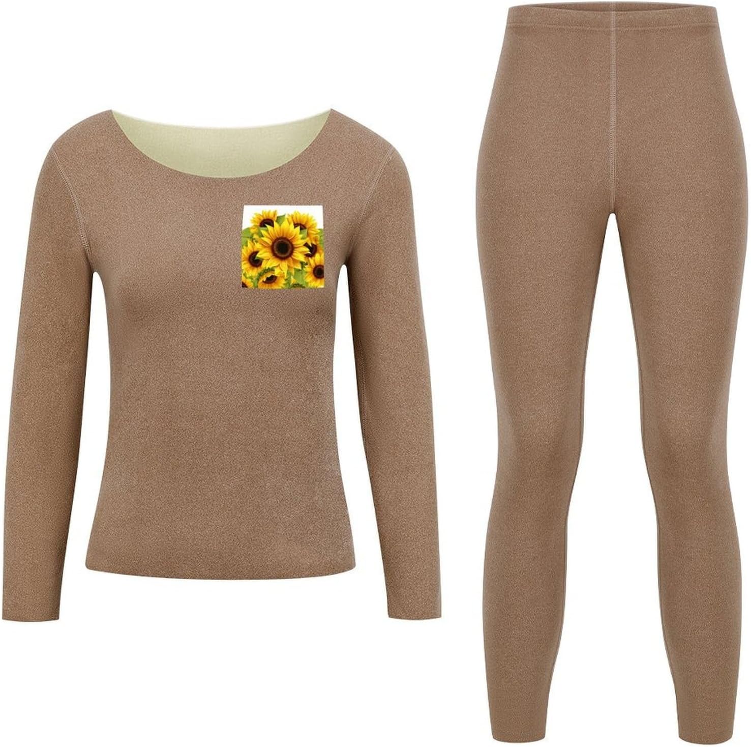Women's Fleece Lined Thermal Set - Cold Weather Long Johns Ultra-Soft Sunflower Printed Base Layer
