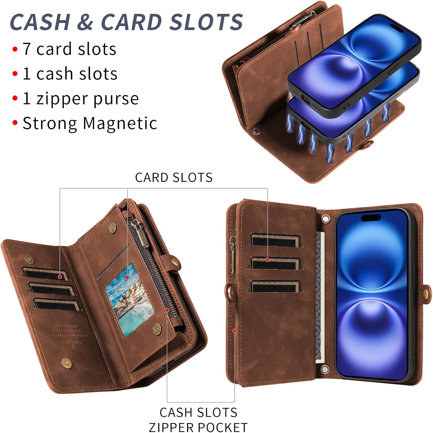 Asuwish Phone Case Compatible with iPhone 16 6.1 inch Zipper Wallet Cell Cover Tempered Glass Screen Protector Crossbody Lanyard Strap Flip Card Holder Slot i Phone16 i16 16Case Women Men Girls Brown