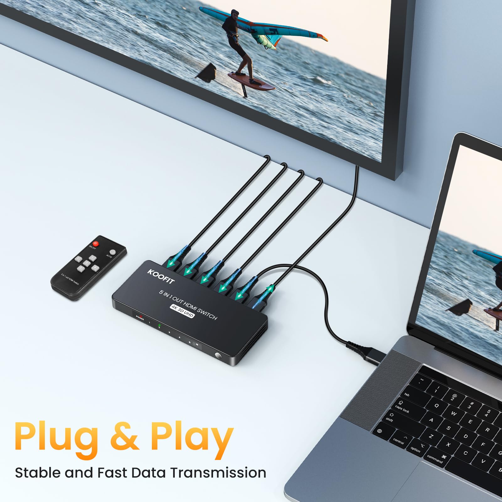 Sdoppiatore HDMI 5 in 1 Automatico Multiconnettore 4K con Telecomando, Commutatore HDMI 5 Porte Supporta 4K 3D UHD per PS5, PS4, PS3, DVD, Blu-ray, Xbox, PC, TV