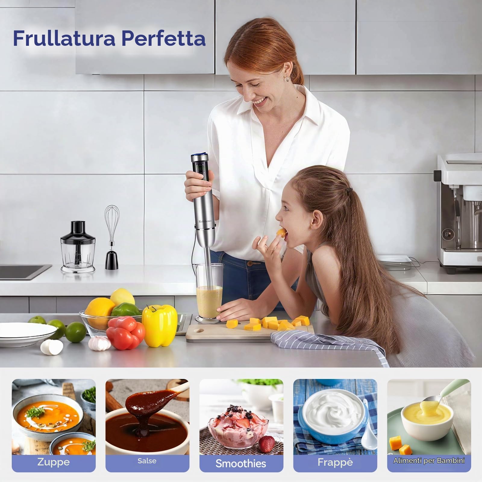 1500W Frullatore a Immersione 4 in 1 da 25 Velocità e TURBO | Multifunzione Immersione, Mixer Cucina con Frusta Tritatutto da 500 ml e Misurino da 700 ml per Preparare Pappe Zuppe e Salse