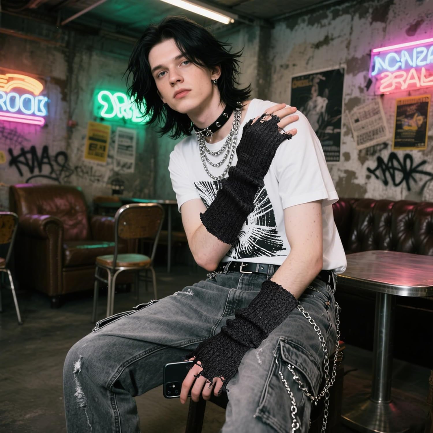 GERINLY Frayed Arm Warmer Emo Punk, Long Fingerless Gloves Goth Scene, Fashion Knitted Wrist Wamer - Image 3