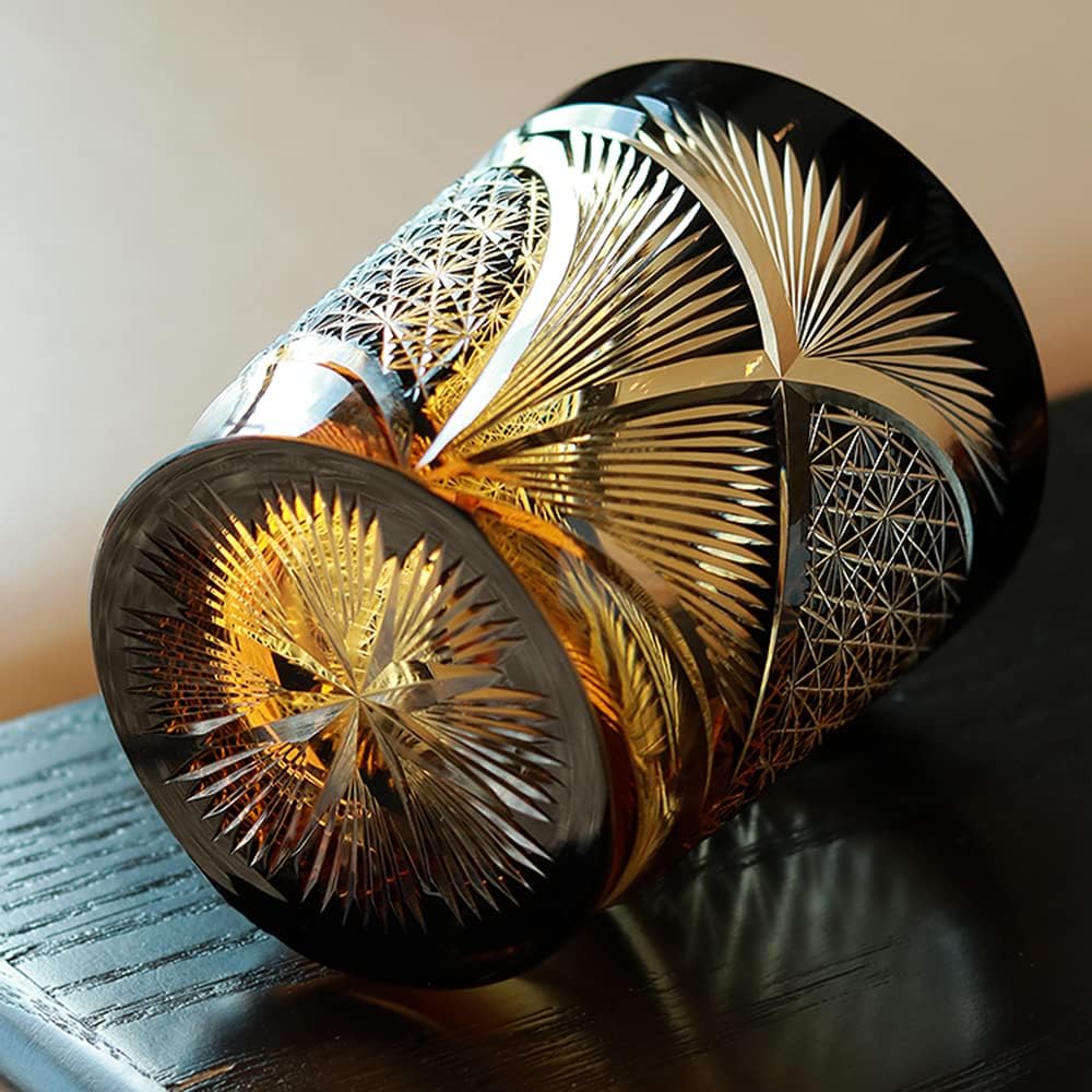 JINZHI Old Fashioned Glass Japanese Style 8OZ Amber Black Rocks Glasses Engraved Tumbler Drinkware Glasses for Whiskey Vodka with Gift Box - Image 3