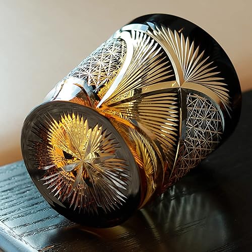 Miniatura 2 de JINZHI Vasos de cristal de estilo japonés de 8 onzas con diseño de rocas negras y ámbar grabadas para whisky y vodka con caja de regalo