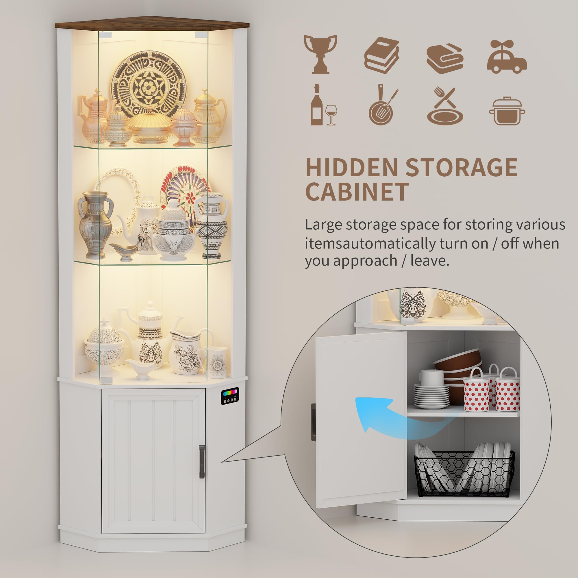 Lvifur Eckvitrine mit LED Beleuchtung und Schubladen für Sammlerstücke,Wein,3-Lagen Glasvitrine Vitrine Vitrinenschrank mit Intelligente Sensorik für Wohnzimmer,Schlafzimmer