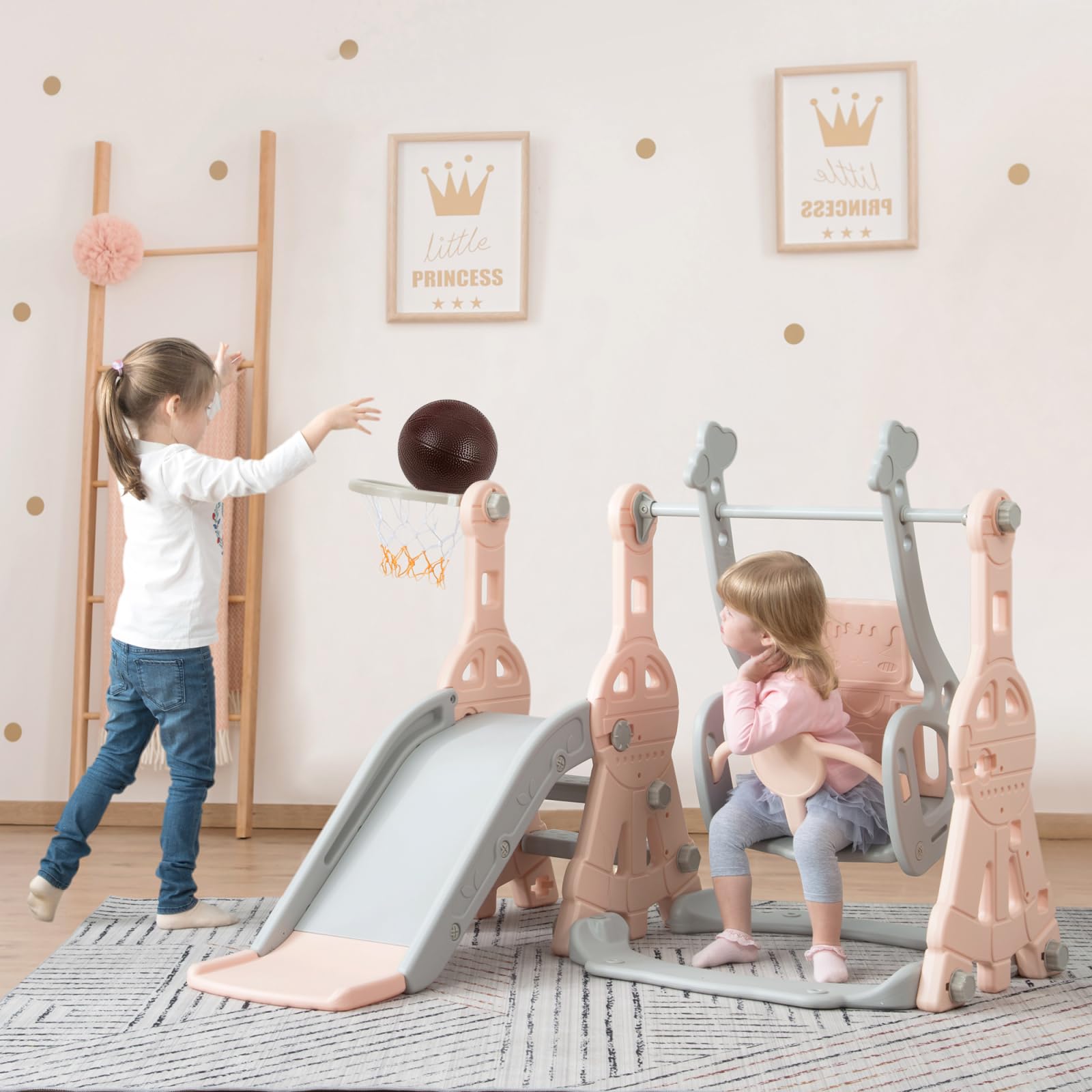 Parco giochi per bambini 4 in 1 con scivolo e altalena, gioco da interno ed esterno con cestino da basket e scala, gioco per bambini in plastica, centro giochi per neonati da giardino (rosa, A)