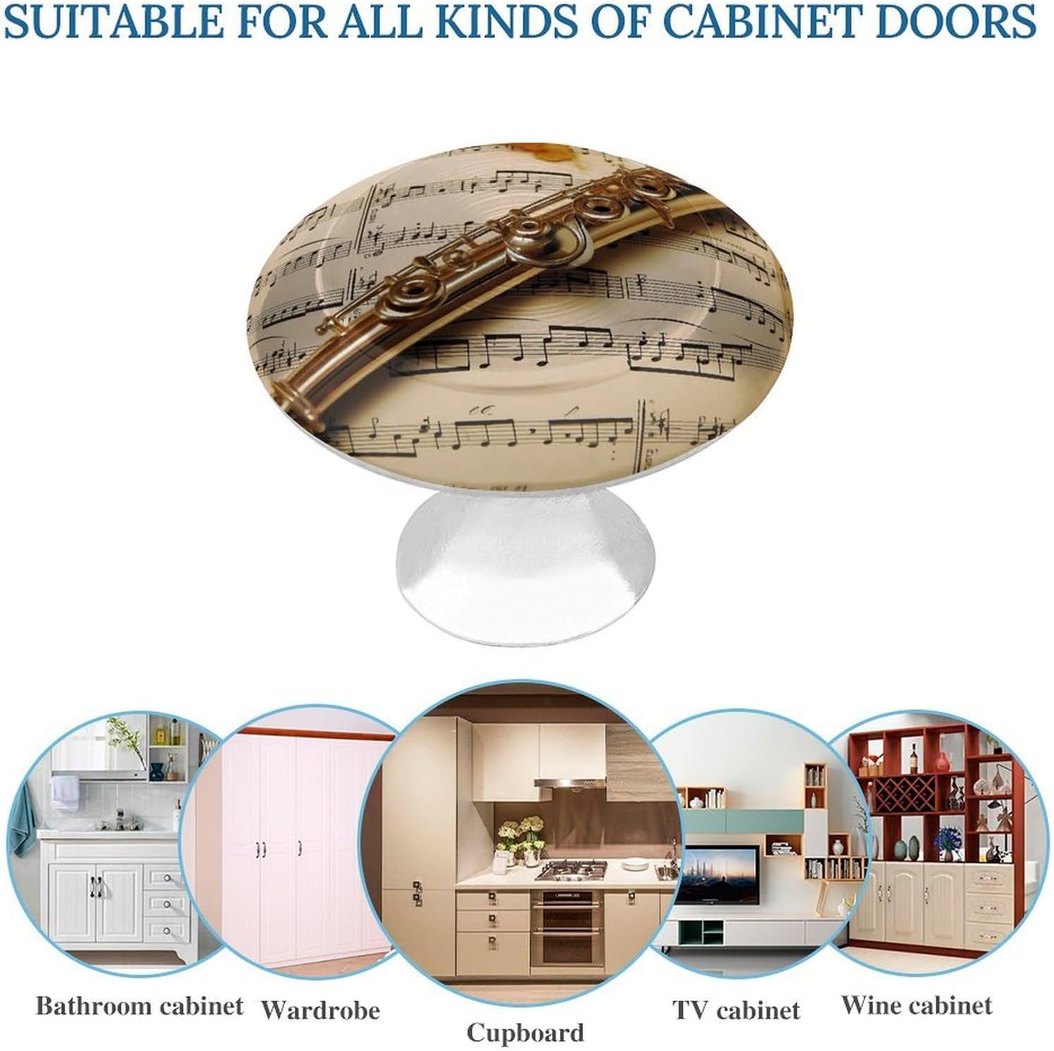 Flute Music Round Cabinet Knobs for Home, Smooth Drawer Pulls image 3