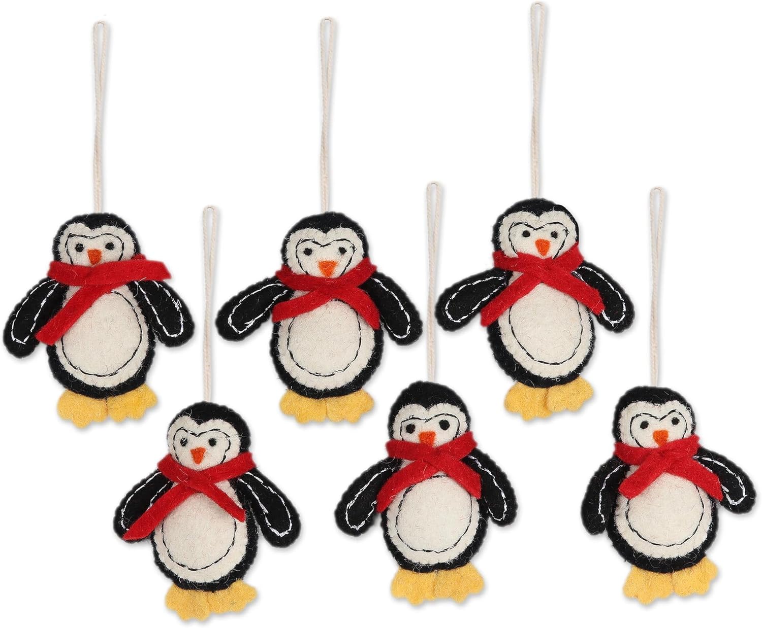 NOVICA Handmade Wool Felt Ornaments Penguin Multicolor India Holiday Decor Animal Themed Birdpenguin [ 4.3in H x 3.7in W x 1in D] 'Marching Penguins'(Set of 6)