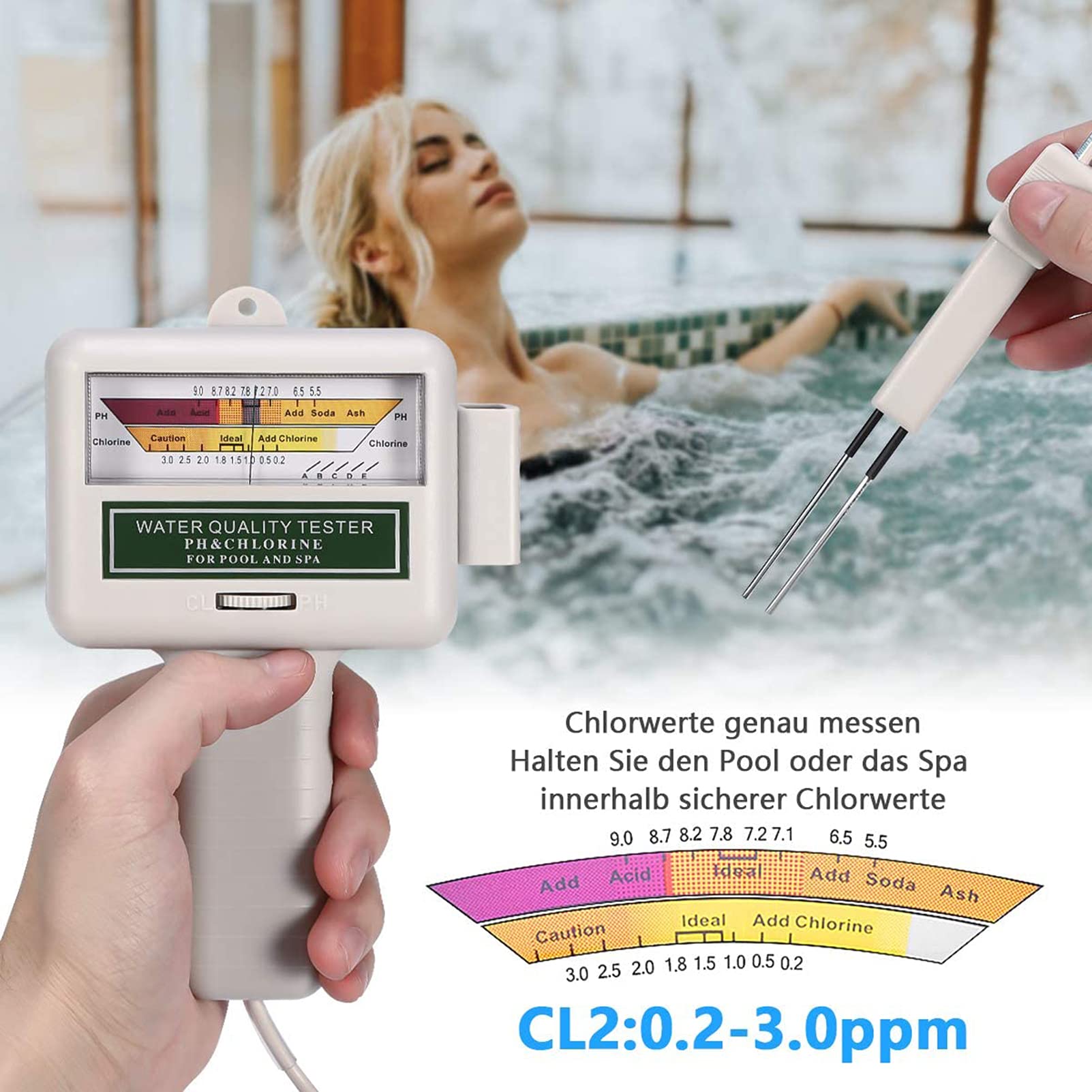 Misuratore di Cloro PH, Misuratore di Cloro E PH 2 in 1 per Piscina, Test dell'Acqua Misuratore di PH Elettronico Digitale Misuratore di Cloro per Piscina Spa Piscina per Acqua Potabile