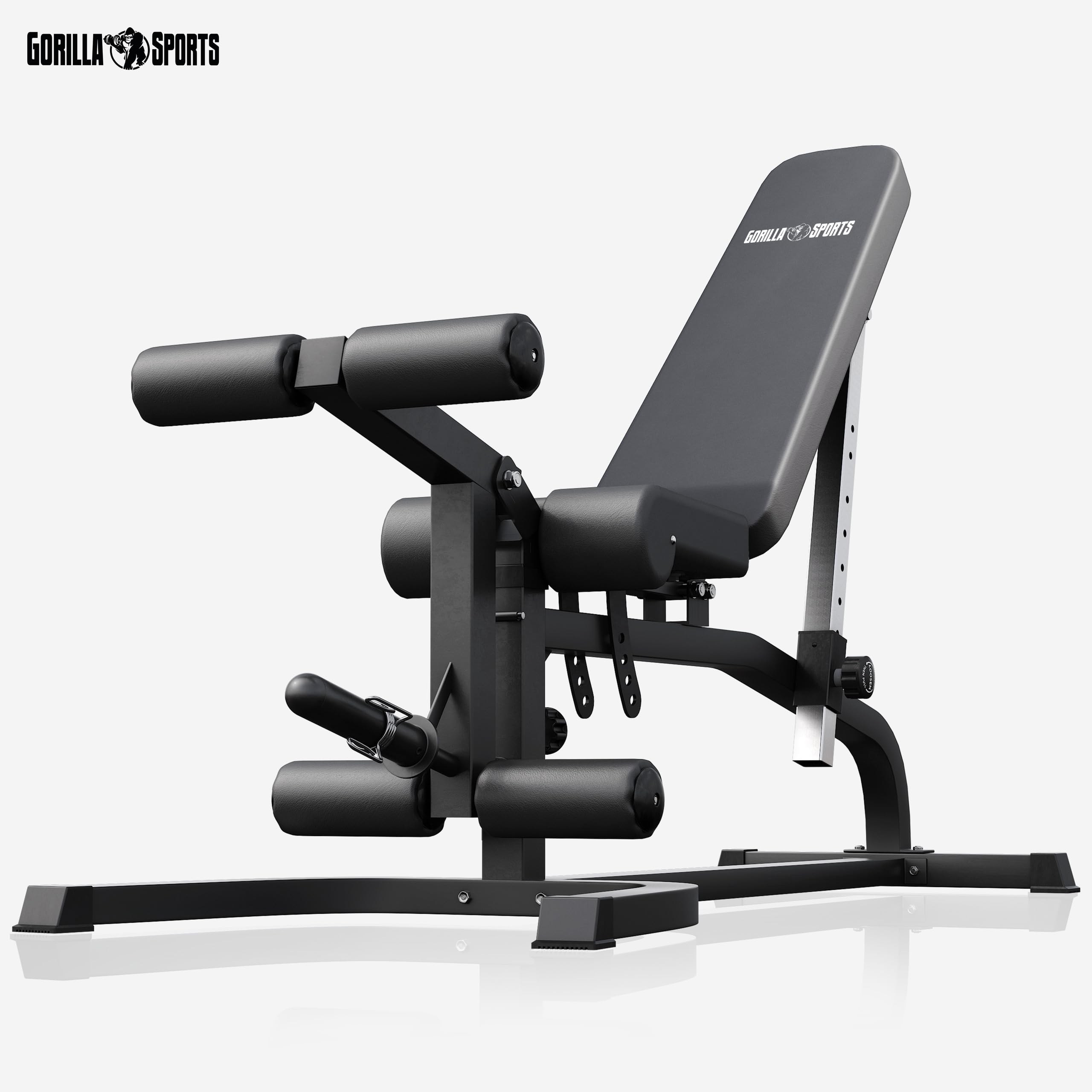GORILLA SPORTS® Hantelbank, 13-fach Rücken, 4-fach Sitz, bis 200 kg | Mit Curlpult, Hantelablage, Beinstrecker, Beinbeuger und Rastbolzen; Schrägbank, Negativbank, Flachbank, Fitnessbank