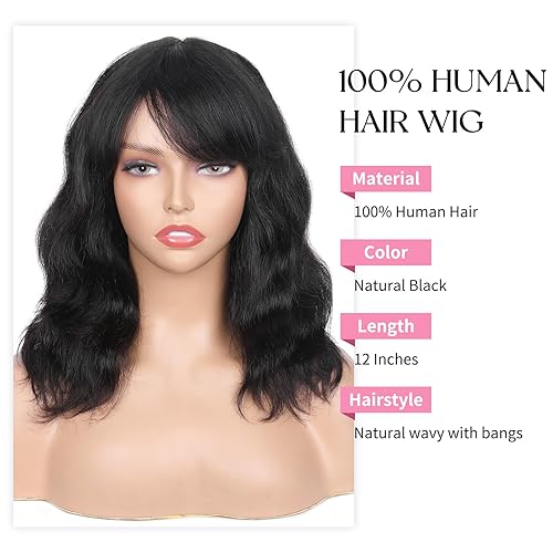 Miniatura 2 de WIGNEE Pelucas de cabello humano ondulado natural con flequillo, pelucas de cabello humano sin pegamento, pelucas de cabello humano ondulado con