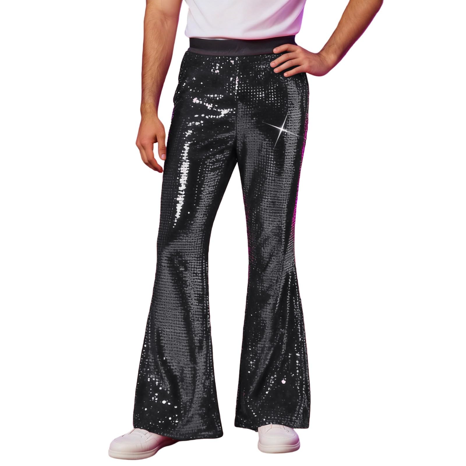 Genérico Pantalón de Jazz Pantalón de Baile Festivos Ropa de Club Nocturno Pantalones con Lentejuelas Pantalones Acampanados de Hombre Años 70 Atuendo Brillante Hippie Disco