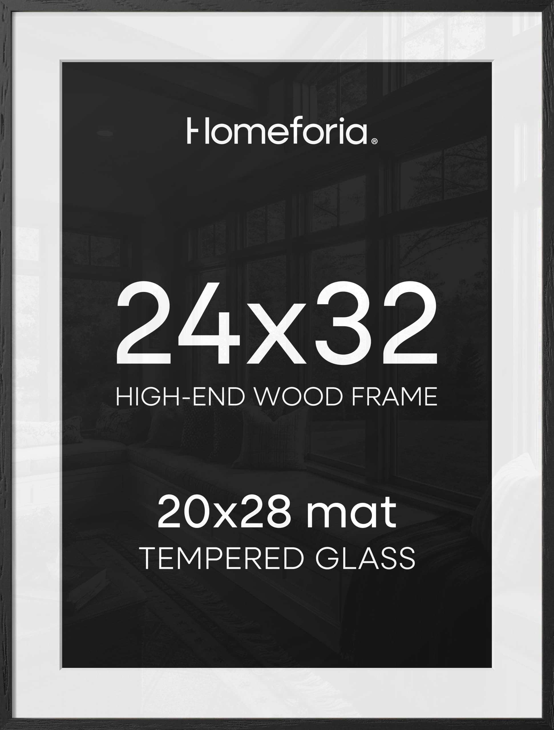 Homeforia Black Wood Frame 24x32, High End Oak 24x32 Large Wooden Poster Frames with Mat 20x28 inch Photo, 24 x 32 Picture Frame Matted to 20 x 28, 32x24 Thin Frame, Tempered Glass, Wall Kit, Set of 1