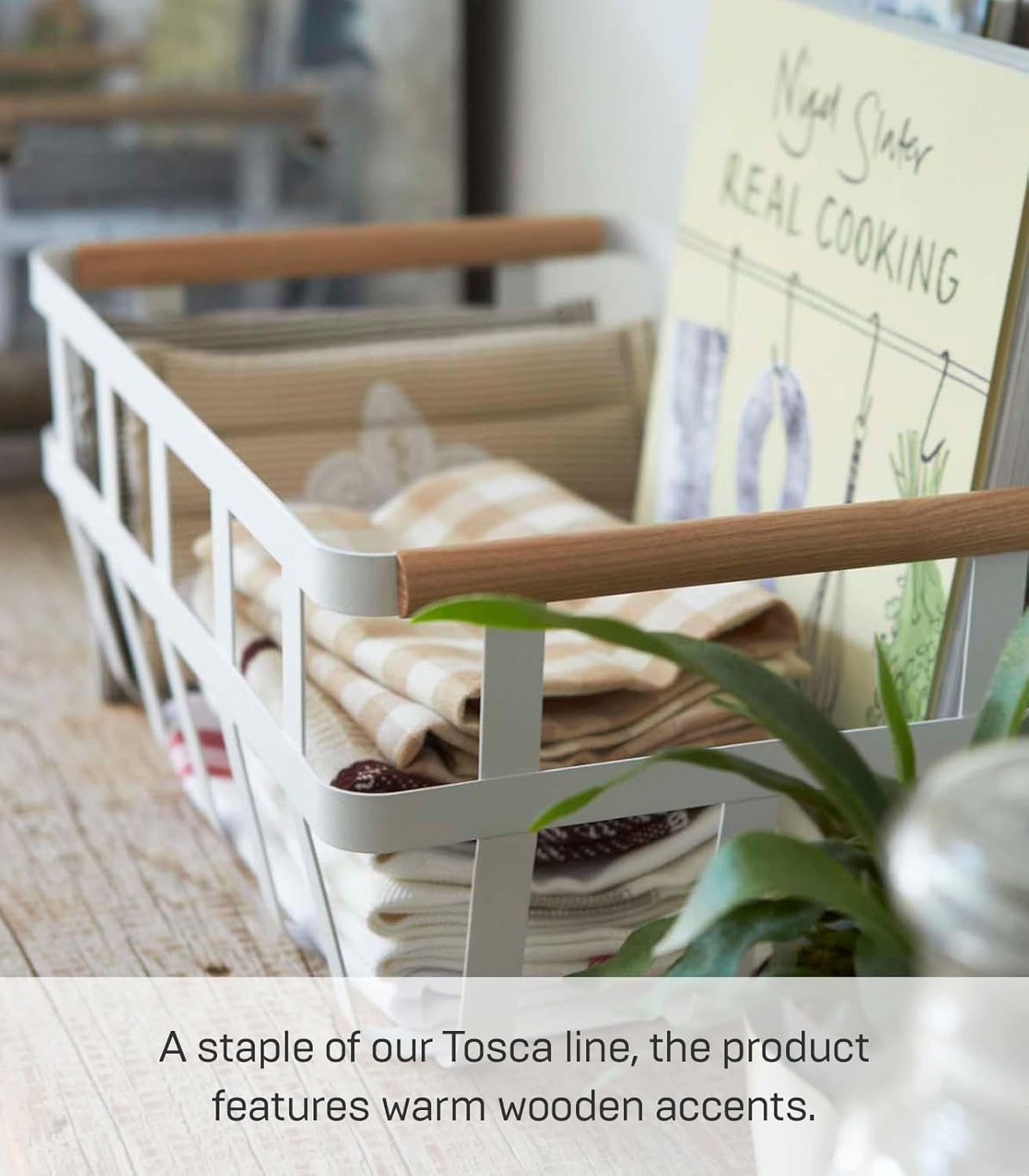 Yamazaki Home Tosca Storage Basket - Home Organizer Bin Holder With Wooden Handle - Medium - Steel + Wood -