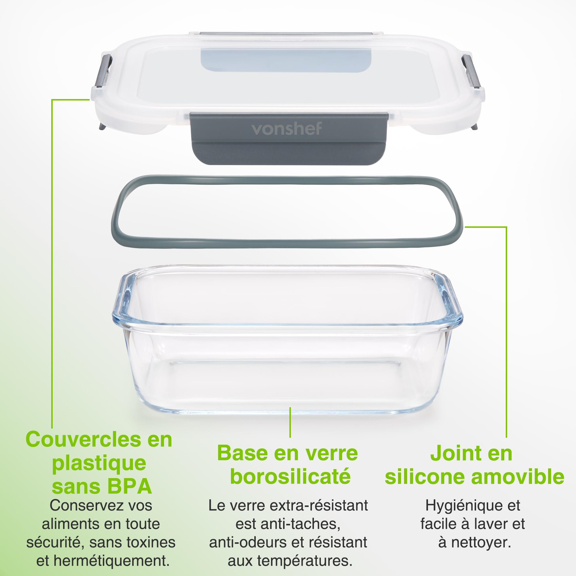 VonShef Boîtes Alimentaires en Verre- Lot de 10 Boîtes Repas 1 L et 370 ml, Hermétiques et Sans BPA, Idéales pour Meal Prep, Empilables, Compatibles Micro-ondes, Four, Congélateur et Lave-vaisselle