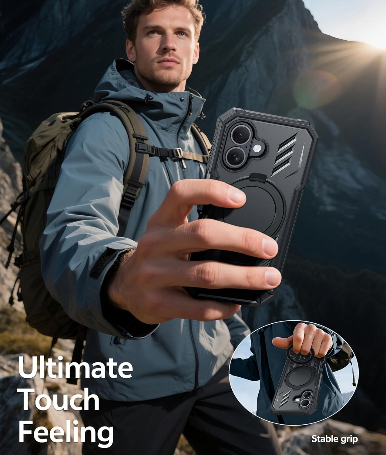 FNTCASE for iPhone 16 Phone Case: Magnetic Phone Cases with [Ring Kickstand] [Built-in Screen Protector] [Heavy Duty Military Grade Protection] Shockproof Rugged Protective Cell Phone Cover Black