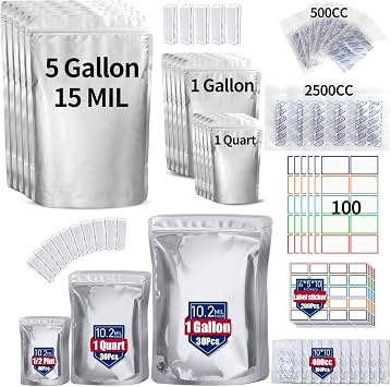 Mylar Bags for Food Storage - 100 Pack 10.2 Mil Mylar Bags with Oxygen Absorbers and 200 Pcs Color Labels and 55 Pack 15 Mil Resealable Zipper Mylar Bag for Long Term Food Storage