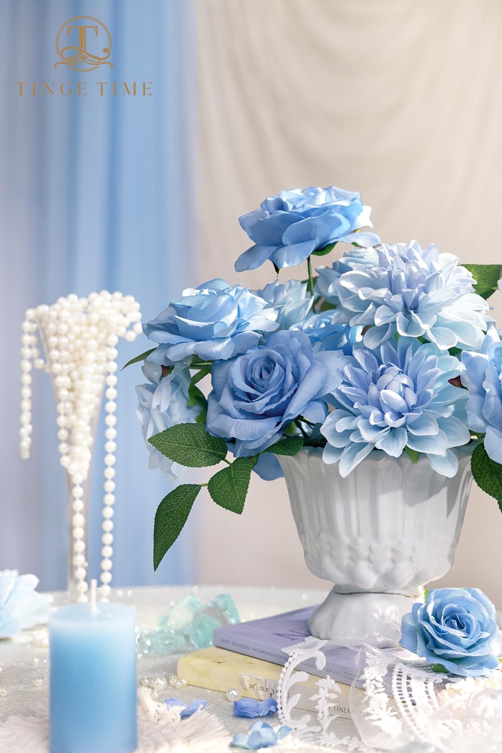 TINGE TIME Artificial Flowers Combo Box Set, 16PCS Fake Rose Silk Flower with Stem for DIY Wedding Bouquets Centerpieces Baby Shower French Country Home Decoration (Provence Blue)