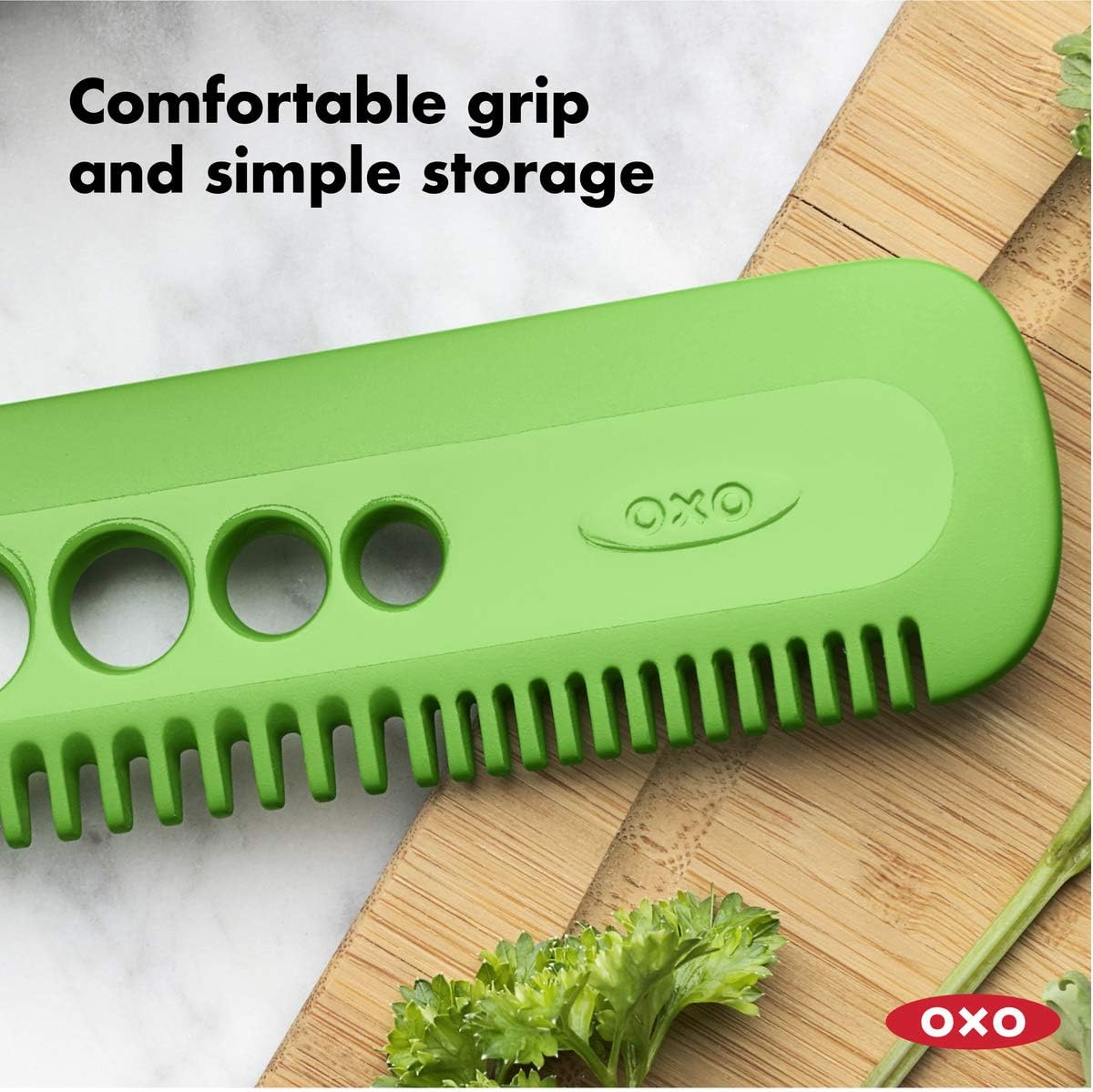 Close-up of the OXO Good Grips Herb and Kale Stripping Comb showing its ergonomic design and comb teeth