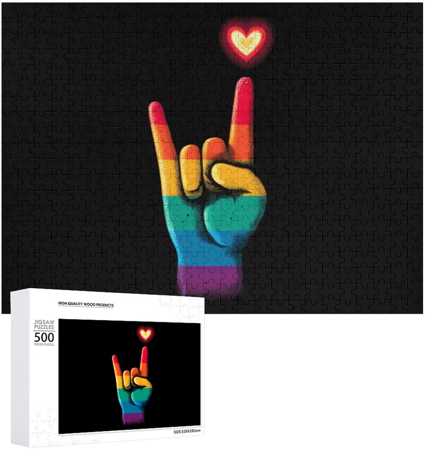 Gay Rock Hand Rainbow Flag Puzzles for Adults 500 PCS Wooden Jigsaw Puzzle Wall Decor Christmas