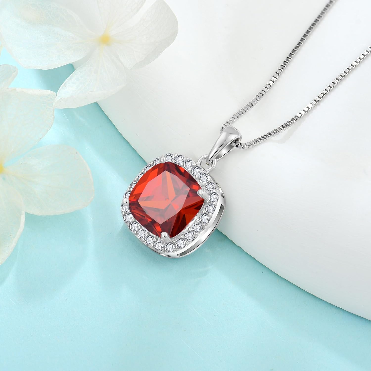 Birthstone Necklace for Women 925 Sterling Silver Princess Cut Halo Necklace Pendant Jewelry Gifts for Her - Image 5