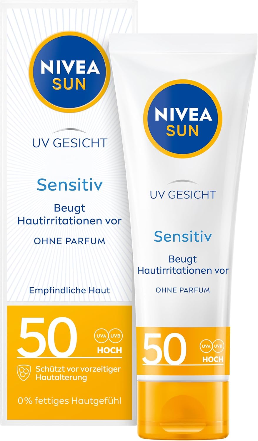 NIVEA SUN Uv-gezichtscrème met SPF 50 (50 ml), parfumvrije gezichtscrème met SPF 50 voor de gevoelige huid, onmiddellijk effectieve zonnecrème, kalmeert huidirritaties