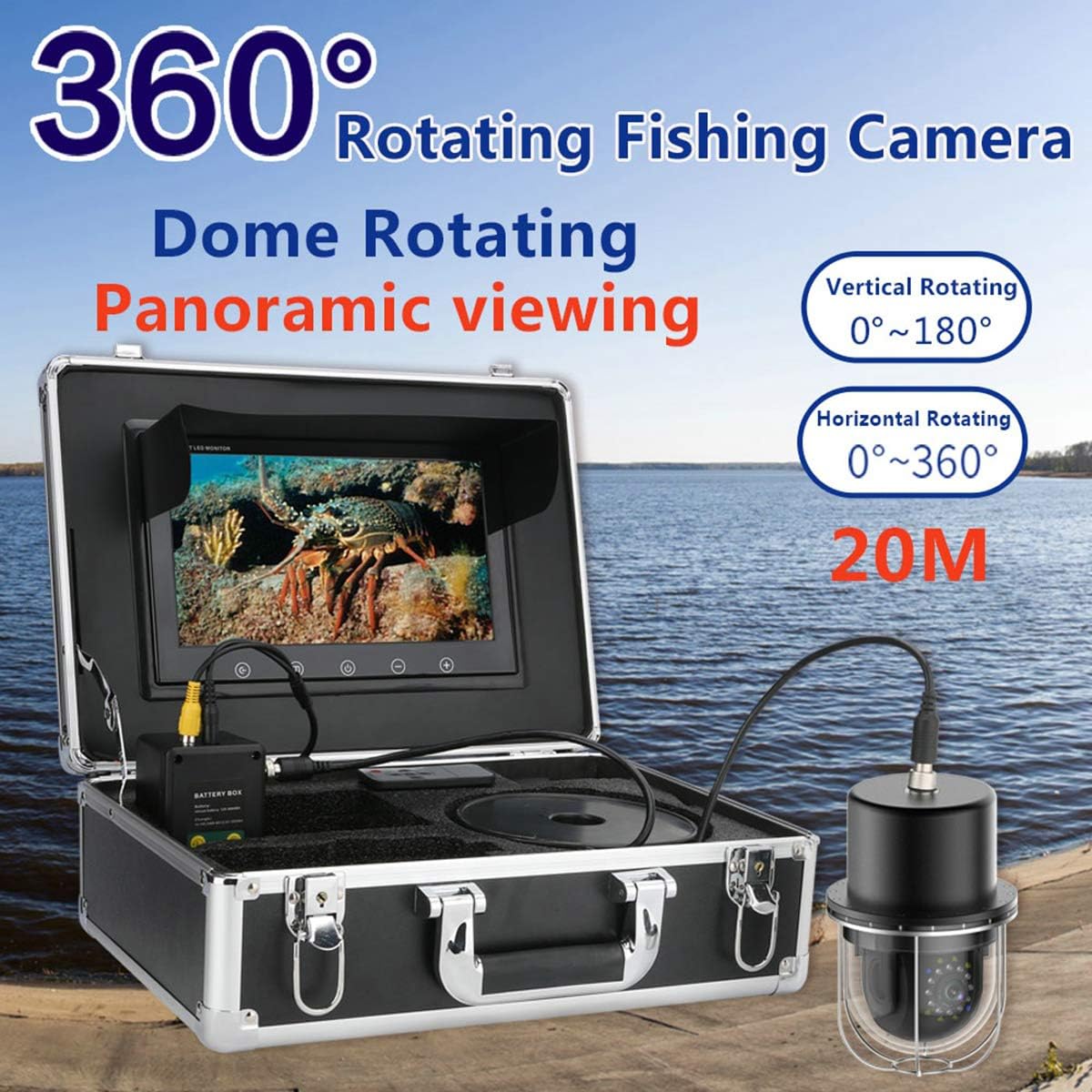 10 Inch Underwater Fishing Video Camera Fish Finder IP68 360 Degree Rotating Dome Rotating Panoramic Viewing Camera,50m (100m)