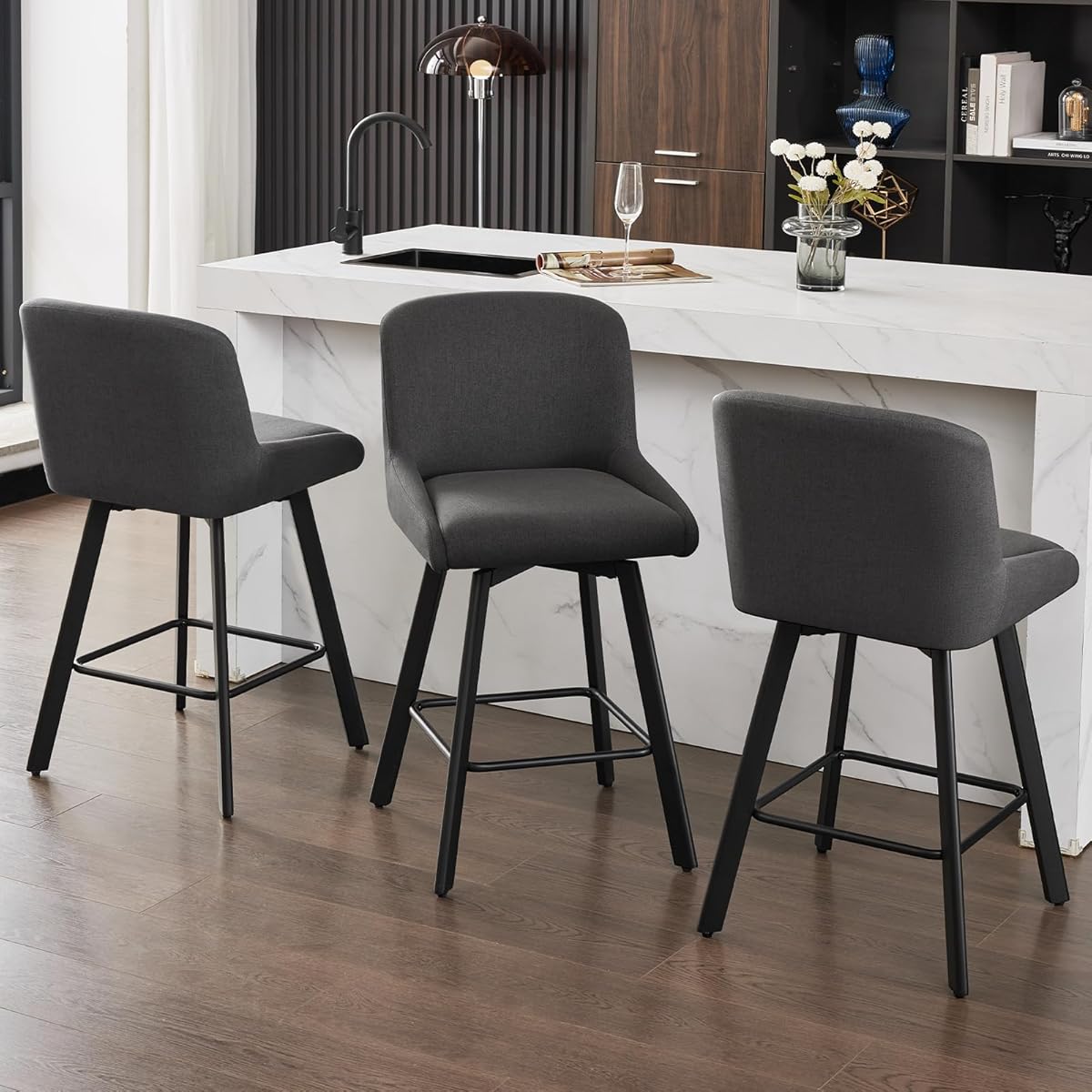 Swivel Counter Height Bar Stools Set of 3, 26''H Upholstered Barstools with Backs, Modern Bar Stool Chairs for Kitchen Island, Metal Legs, Fabric, Black Grey Stools Counter Chair