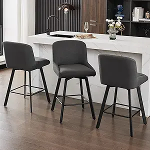 Swivel Counter Height Bar Stools Set of 3, 26''H Upholstered Barstools with Backs, Modern Bar Stool Chairs for Kitchen Island, Metal Legs, Fabric, Black Grey Stools Counter Chair