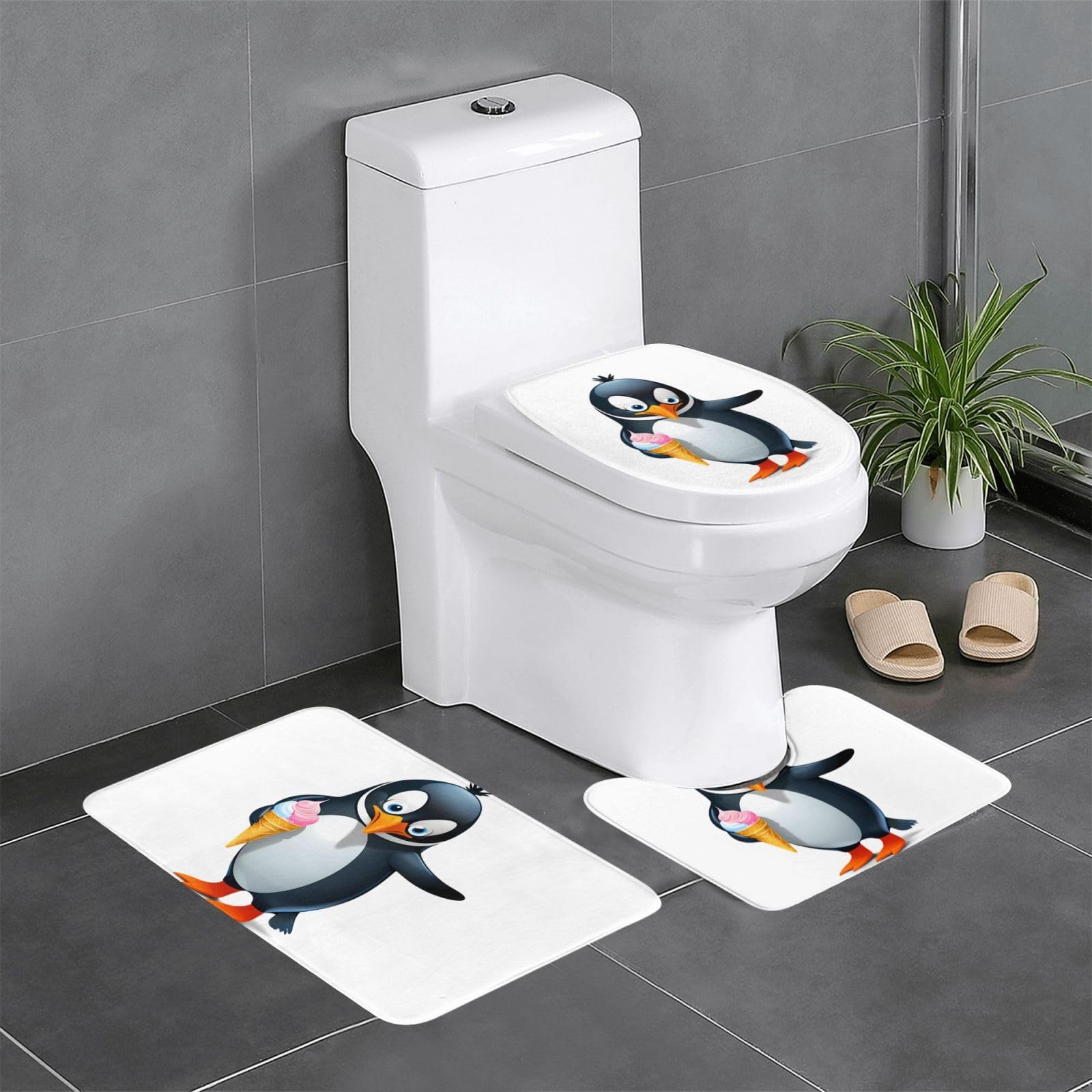 Tapis de sol de salle de bain antidérapants lot de 3 pingouin glace - Ovale et rectangulaire 61x40cm