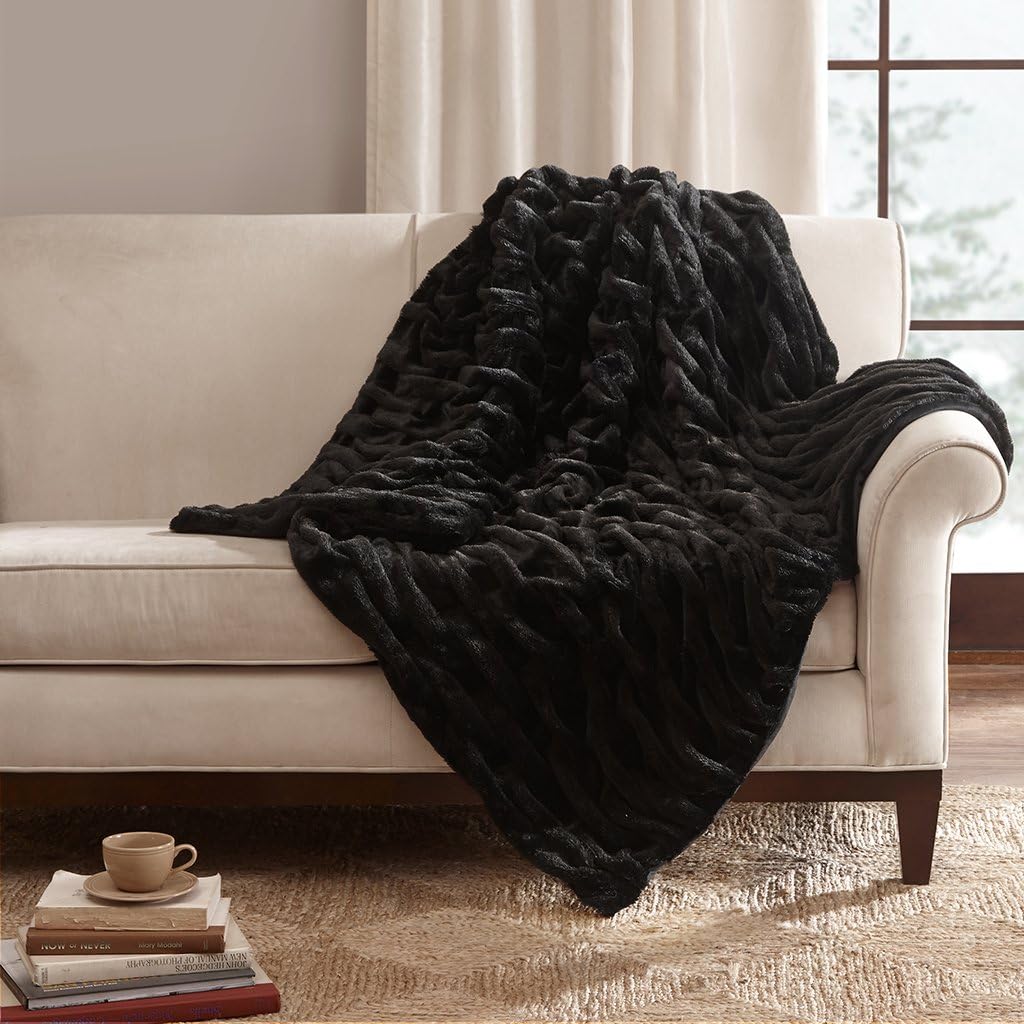 Madison Park Oversized Ruched Fur Luxury Throw Black 50x70 Premium Soft Cozy Ruched Fur For Bed, Couch or Sofa