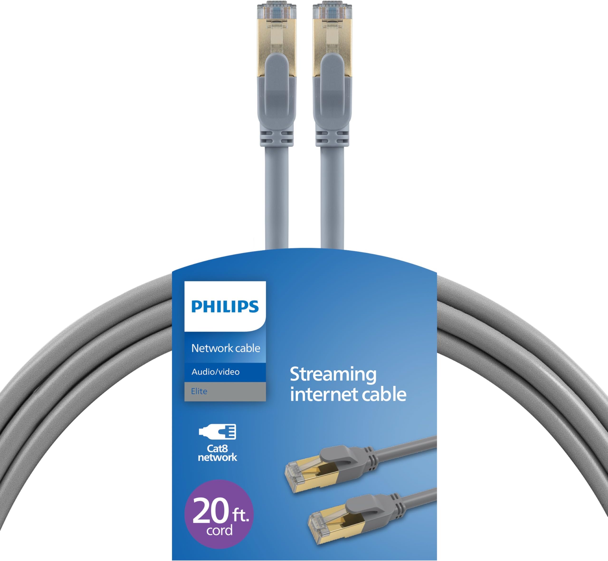 Philips Cat8 Ethernet Cable, Extra Long 20 Ft Cord, 40 Gbps, 2000Mhz, RJ45M Connector, S/FTP for Computer, Game Console, Cable/DSL Modem, Network Switch, Streaming Device, Gray, SWR3143GR/37