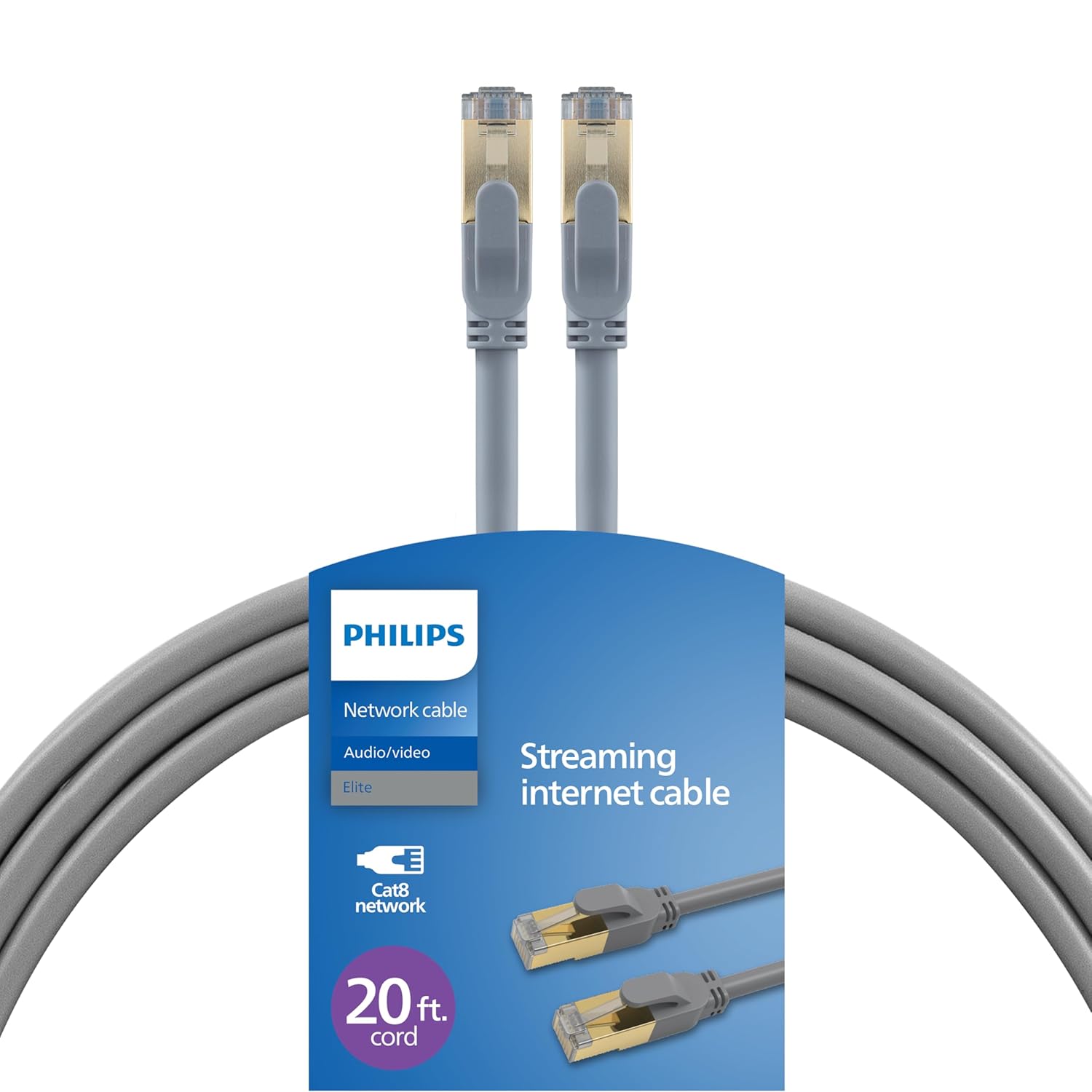 Philips Cat8 Ethernet Cable, Extra Long 7 Ft Cord, 40 Gbps, 2000Mhz, RJ45M Connector, S/FTP for Computer, Game Console, Cable/DSL Modem, Network Switch, Streaming Device, Gray, SWR3143GR/37