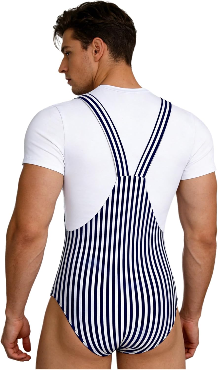 ACSUSS Mens Overalls Style Striped Jumpsuit Pajamas Fake Two Piece Look for Loungewear Sleep Comfort
