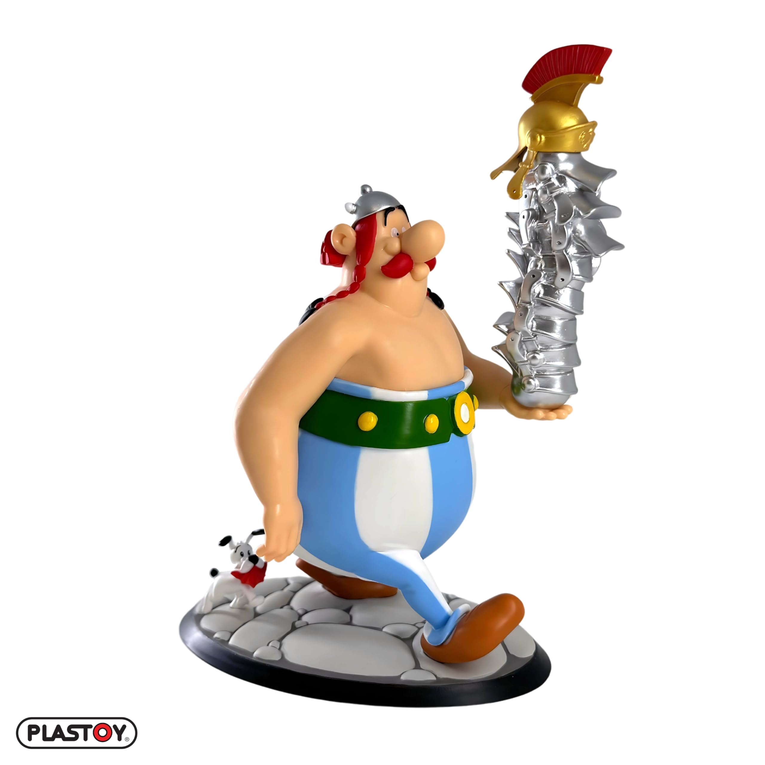 Plastoy Astérix Figurine Obélix avec pile de casques et Idéfix - Plastique - 22 cm