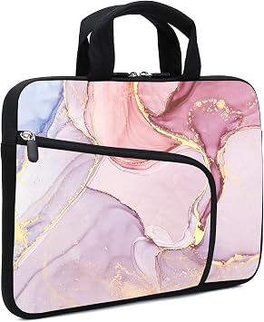 Laptop Sleeves 14 15 15.4 15.6 Chromebook Case Notebook Sleeve PC Messenger Bag Tablet Case Neoprene Handle Sleeve for Men Women, Two Pockets Pink Marble