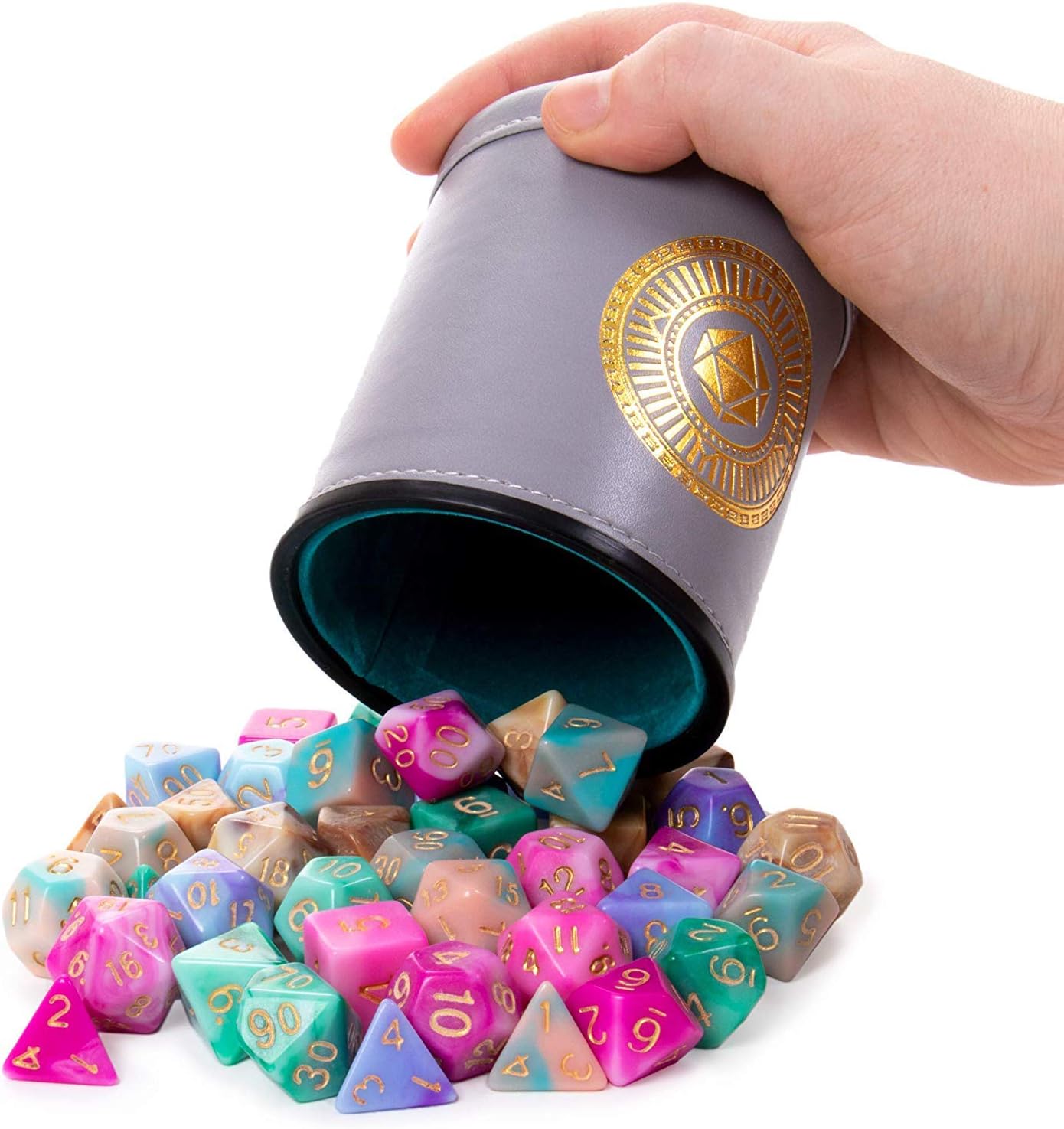 Wiz Dice Cup of Illusion - 35 Polyhedral DND Dice & Dice Shaker Cup & Box for Storage (5 Set of 7 Unique Colors) -Polyhedral Role Playing Dice in Unique Colors - DND Accessories for TTRPG Dice Games