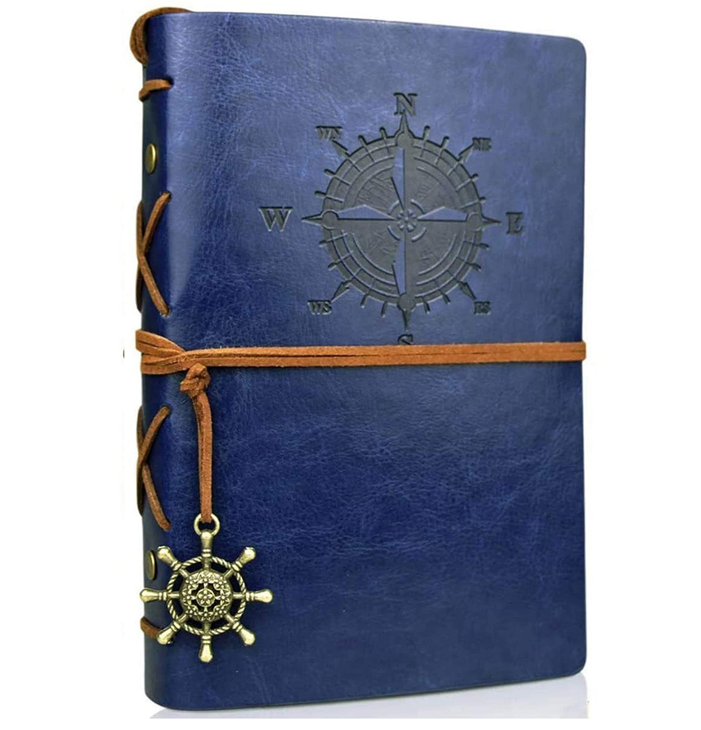 Leather Writing Journal Notebook, Vintage Nautical Compass Spiral Blank String Daily Notepad Sketchbook Travel to Write in, Unlined Paper, Retro Pendants, Classic Embossed (Dark Blue)