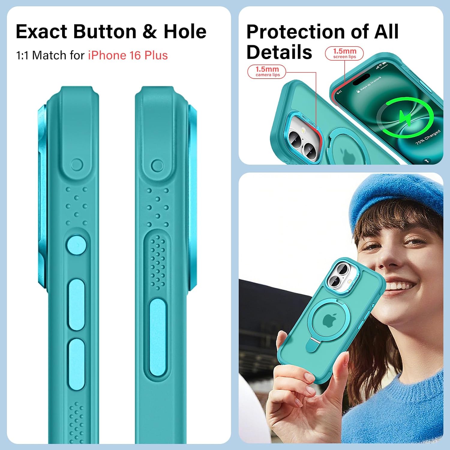 Designed for iPhone 16 Plus Case with Magnetic Stand, [Military Drop Protection][Great Grip Feeling] Matte Translucent Back Slim Shockproof Phone Cover for iPhone 16 Plus 6.7", Darkcyan - Image 5