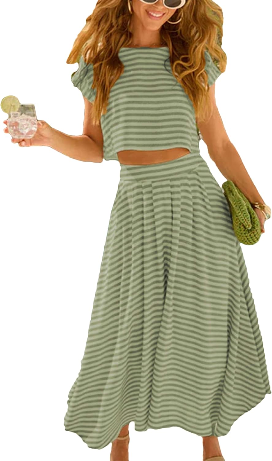 Zontroldy Women's Summer 2 Piece Outfits Striped Skirt Sets Cap Sleeve Crop Top Midi Dress Matching Travel Outfits