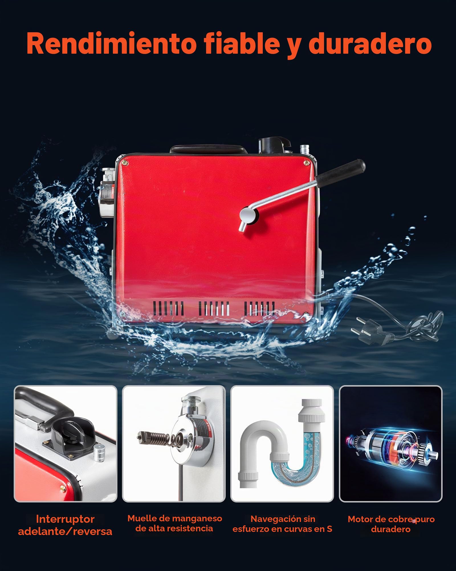 VEVOR Desatascador de Tuberías Eléctrico 500 W 1400 RPM con Cable de Resorte de 20 m x 16 mm, 0,4 m x 16 mm, 5 m x 9,5 mm y 8 Cabezales de Limpieza, Apto para Tuberías de 50 a 110 mm de Diámetro