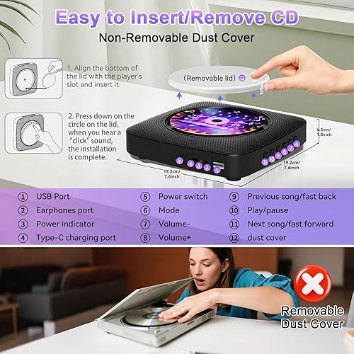 Miniatura 7 de Gueray Reproductor de CD portátil Bluetooth Reproductores de CD para el hogar Recargable de pared de escritorio Reproductor de CD portátil con