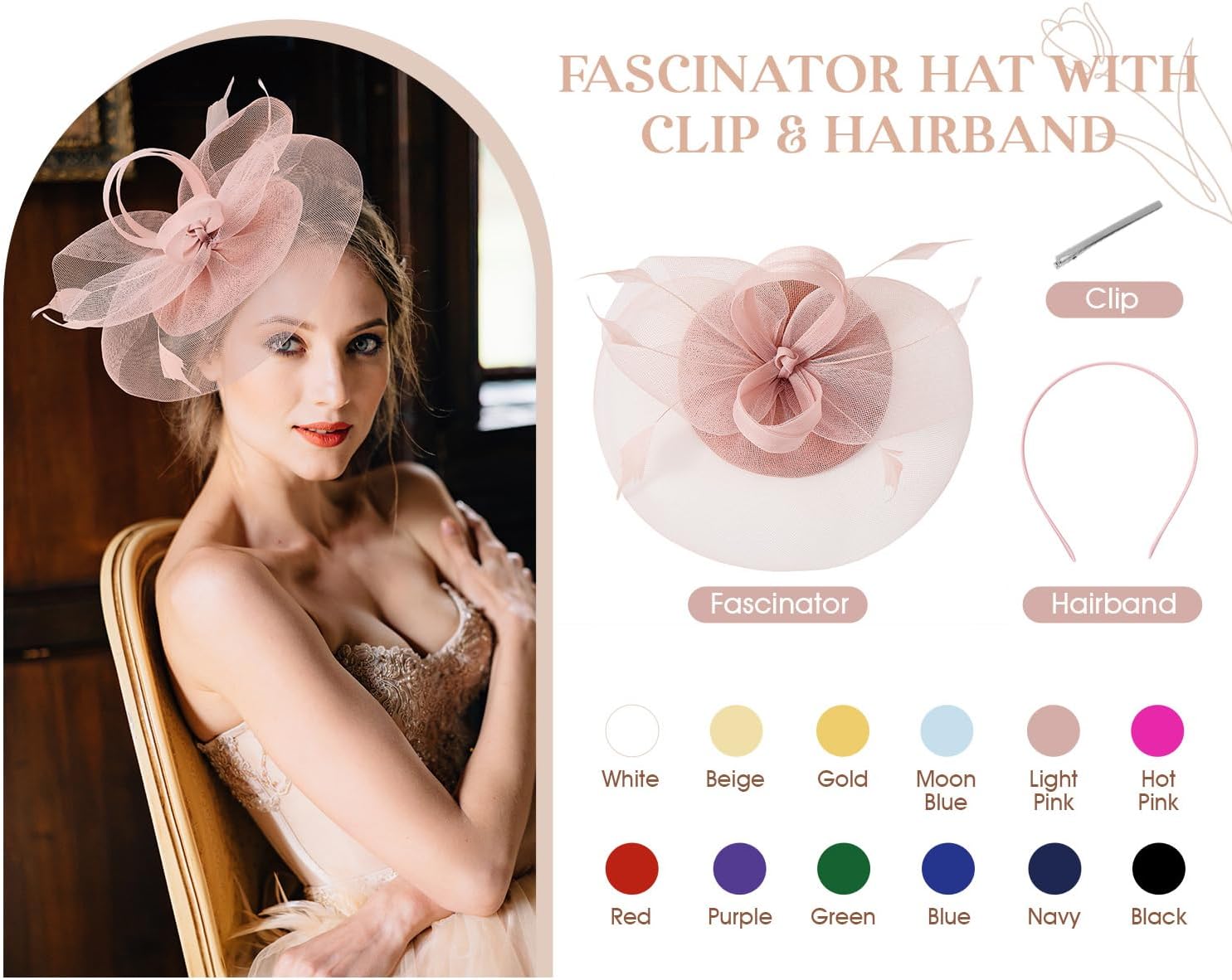 Fascinators Kentucky Hats Derby for Women 2026 Tea Party Hat with Feather Hair Clip Headwear for Wedding Church Hat - Image 4