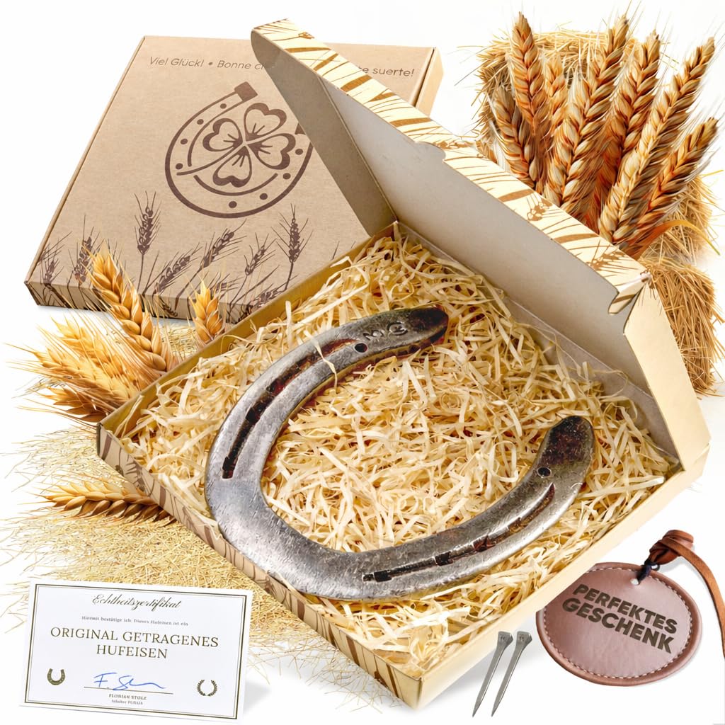 PURAJA Hufeisen Geschenk | Echtes getragenes Hufeisen | Glücksbringer zum Geburtstag, Einzug, Richtfest, zur Hochzeit, Taufe oder Geburt | Original inkl. Echtheitszertifikat