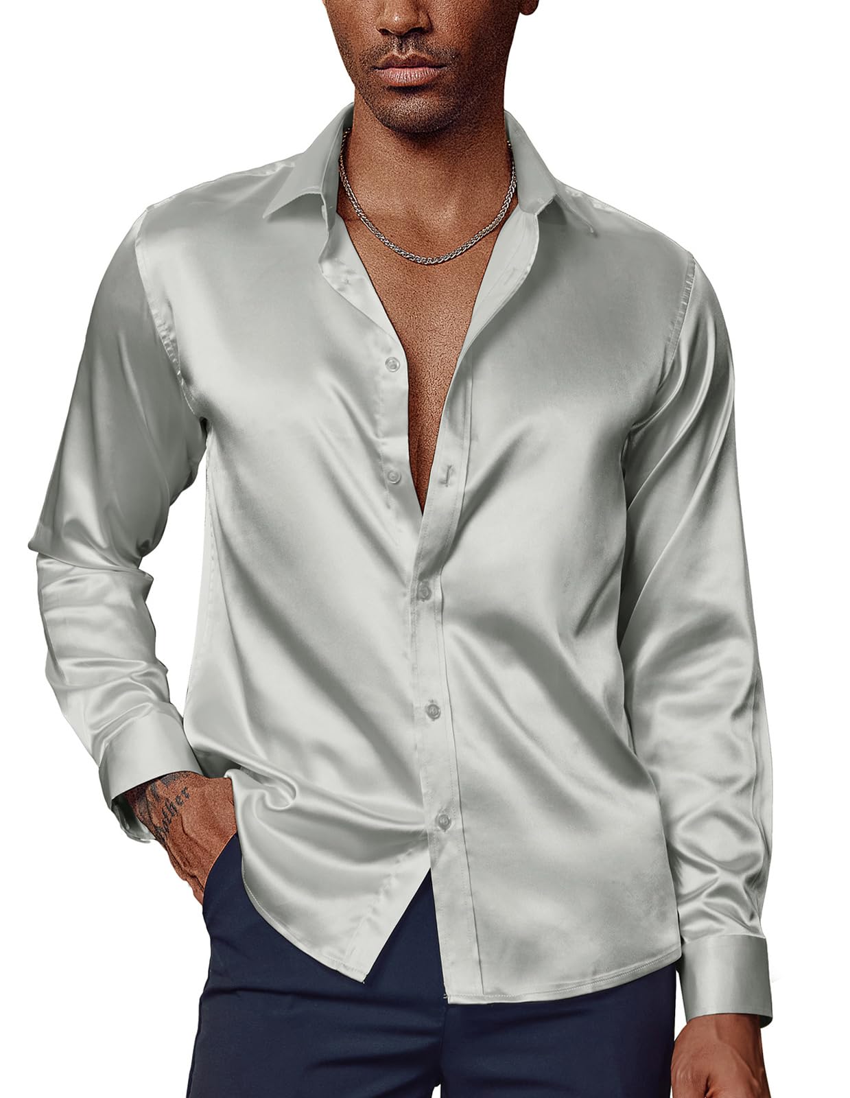 PaulJones Business Shirt Men's Long Sleeve Non-Iron Satin Shirt Party Wedding Shirt with Matching Bow Tie
