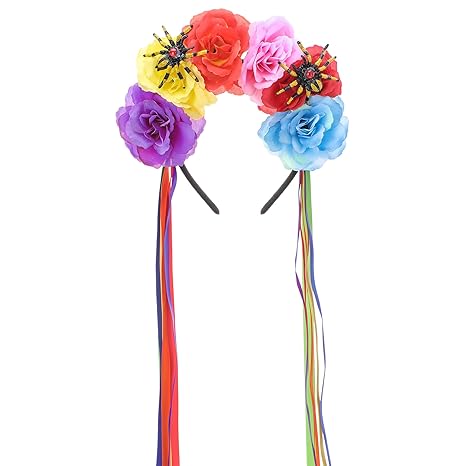 Death of the Day Flower Crown, Colorful Mexican Rose Headband with Ribbon, Halloween Spider Floral Headpiece for Dia De Los Muertos Costume Halloween Festival Party Cosplay Hair Accessories