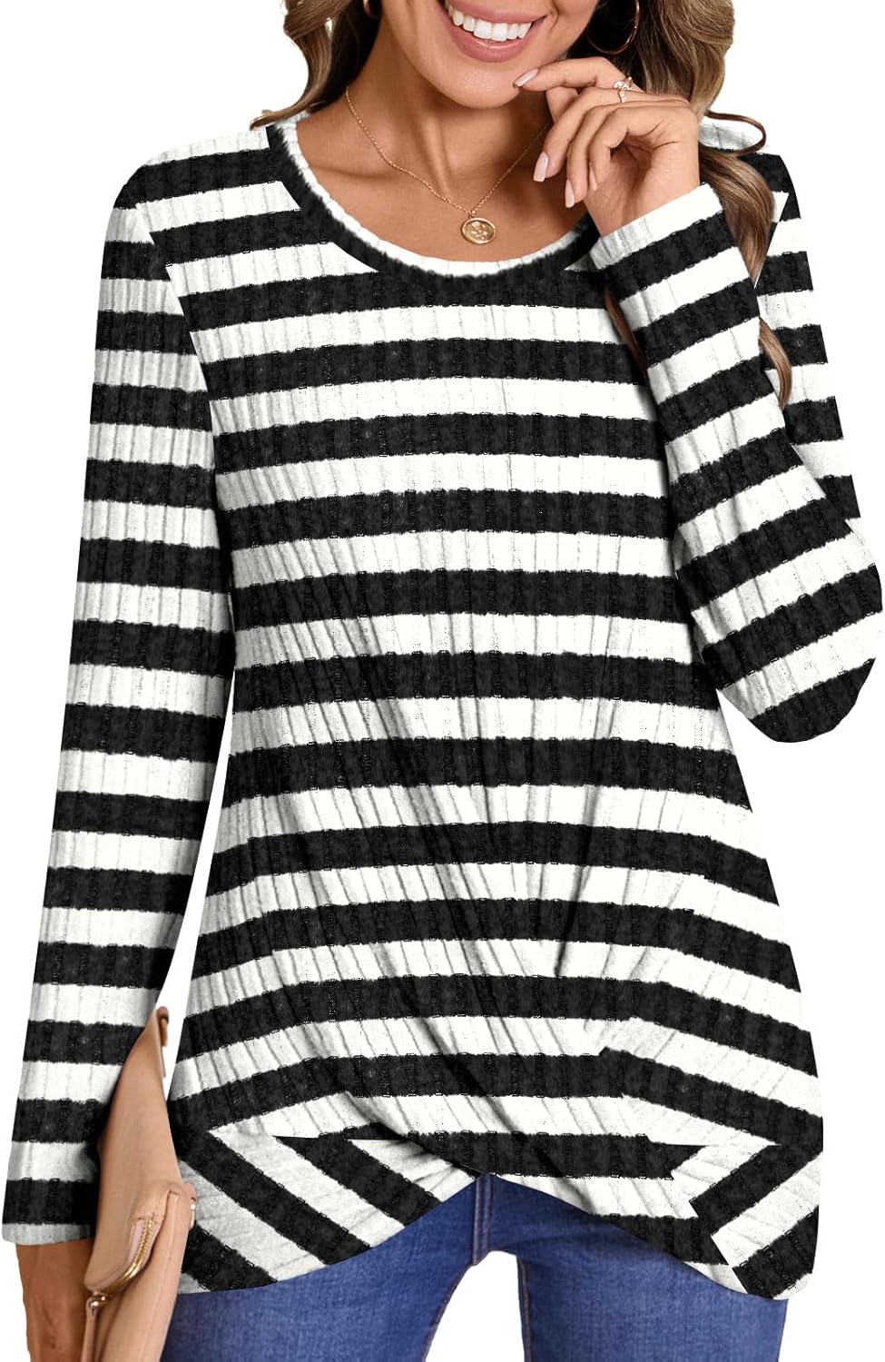 hotgift women's pullover sweaters winter tunic tops long sleeve crewneck shirts casual comfortable blouse white-black stripes medium
