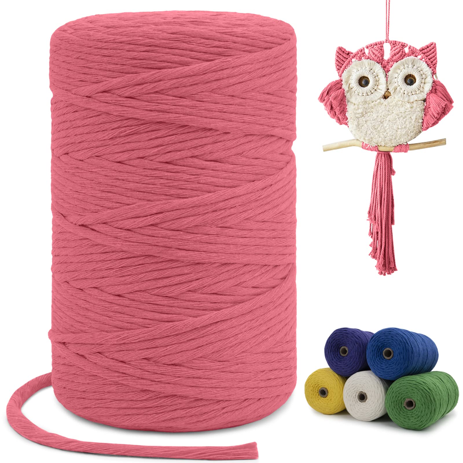 LEREATI Macrame Cord 3mm x 200m, Single Strand Thick Macrame Rope Yarn Natural Cotton Cord, Craft Macrame String for Plant Hanger, Wall Hanging, Knitting, DIY, Home Decorations (Watermelon Pink)