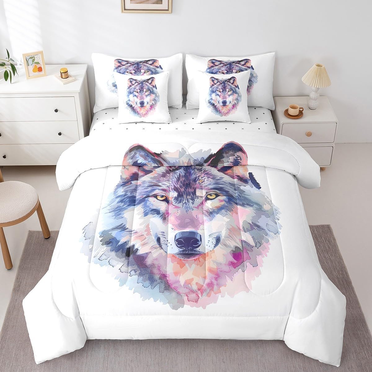 Feelyou Girls Wolf Bed in a Bag Chic Watercolor Animal Bedding Set for Kids Women Wildlife Comforter Set Queen Size 7 Pieces Wild Wolf Bed Set with Comforter, Sheet Set, Pillowcases, Pillow Covers