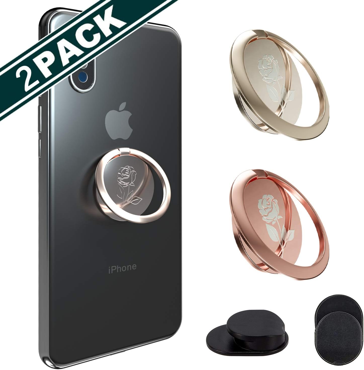 KETIA Phone Ring Stand Holder -for Free Hook Mount Accessories -[2 Pack] -Rose Pattern-Enhancing adsorption Capacity-360°Rotation 180°Flip Cell Phone Finger Kickstand -Fit Magnetic Car Moun
