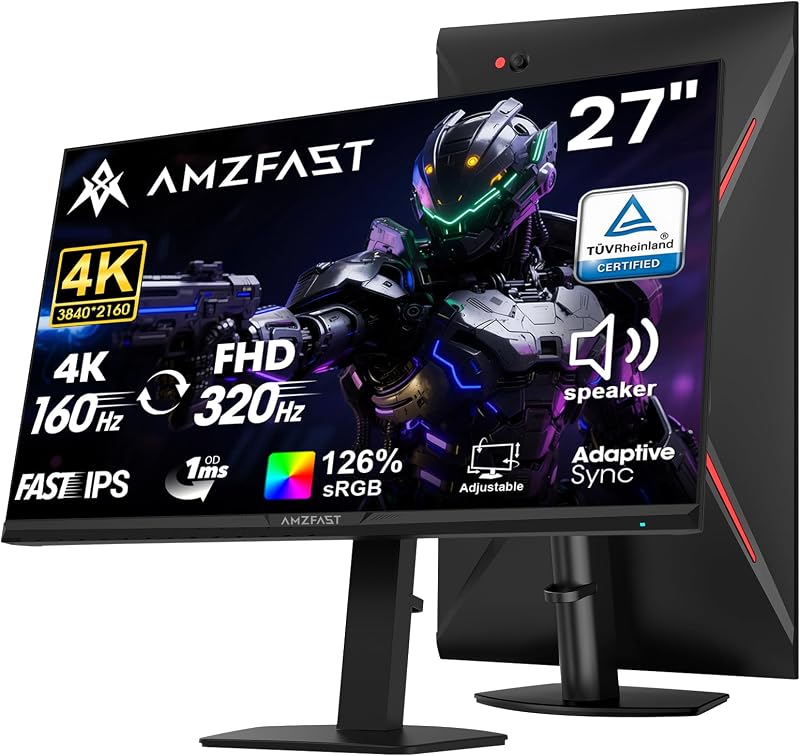 Amzfast 4K Gaming Monitor 27 Inch, Dual Mode 4K@160Hz / FHD@320Hz, Fast IPS Panel, Built-in Speakers, 1ms MPRT, Adaptive Sync, HDR400, 126% sRGB, 93% DCI-P3, ΔE<2, HDMI2.1&DP1.4, AMZG27F6U